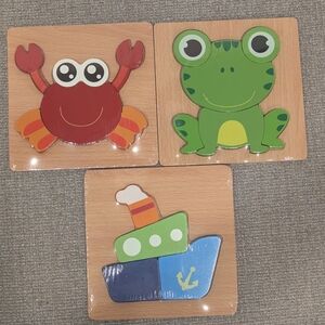 NEW Sealed Wooden Puzzle for Toddlers / Kids - set of 3 - Crab, Frog and Ship